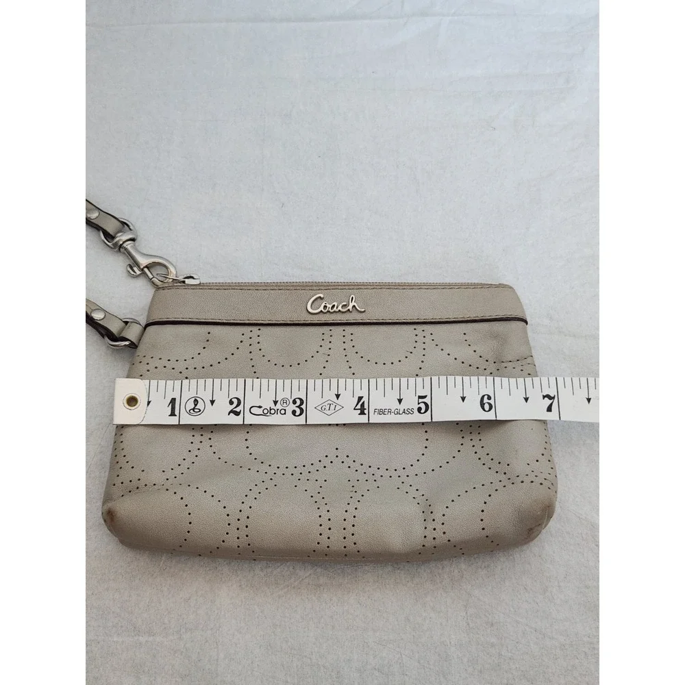Coach Leather Punched C Logo Signature Wristlet Pouch Clutch Taupe Gray